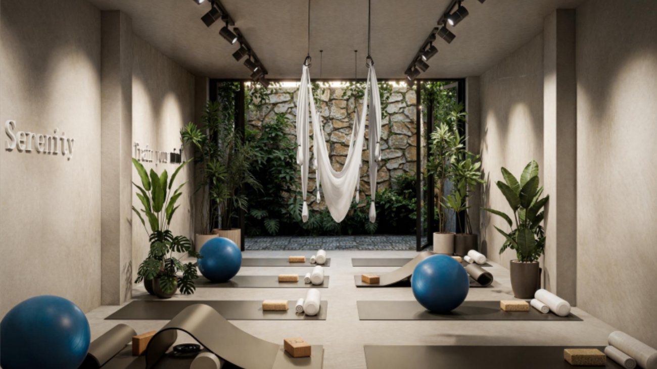 Render del estudio de yoga de la sede Serenity